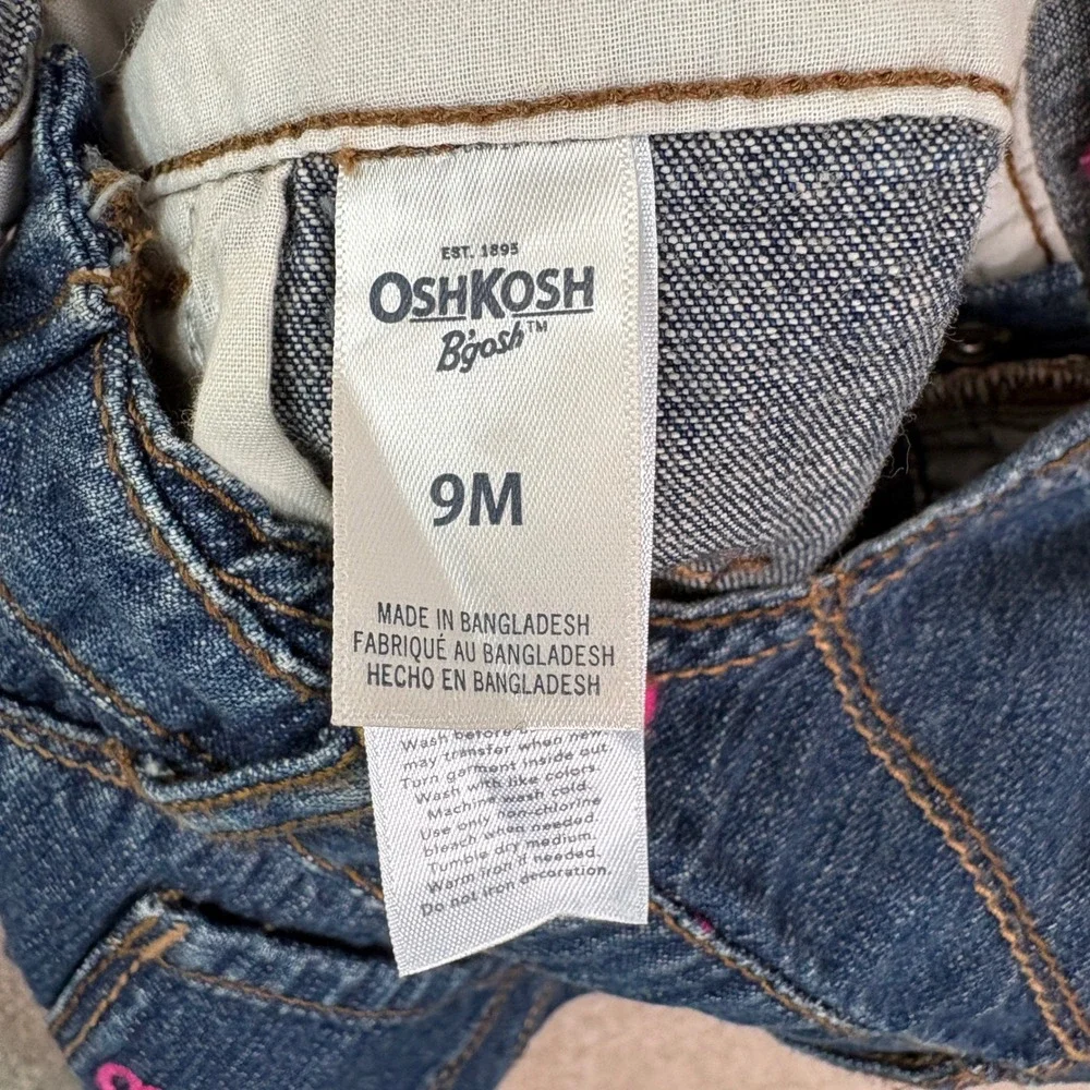 OSHKOSH Vestbak Denim Overalls Girls 9M Pink Heart Embroidered Bib